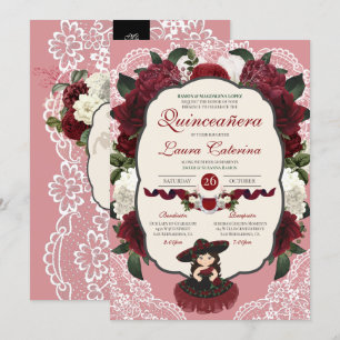 Invitation Charro Quinceanera, Rose floral rouge de Bourgogne
