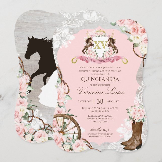 Invitation Charro Quinceanera rose rustique (Devant / Derrière)