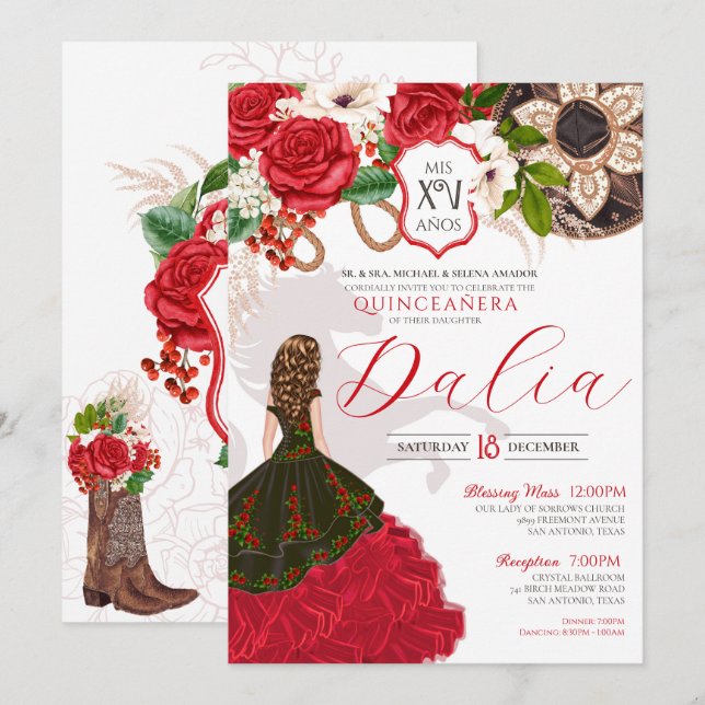 Invitation Charro Quinceañera Roses rouges Crest Floral Ouest (Devant / Derrière)