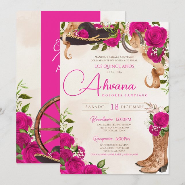 Invitation Charro rose chaud Rose occidental Floral Quinceañe (Devant / Derrière)