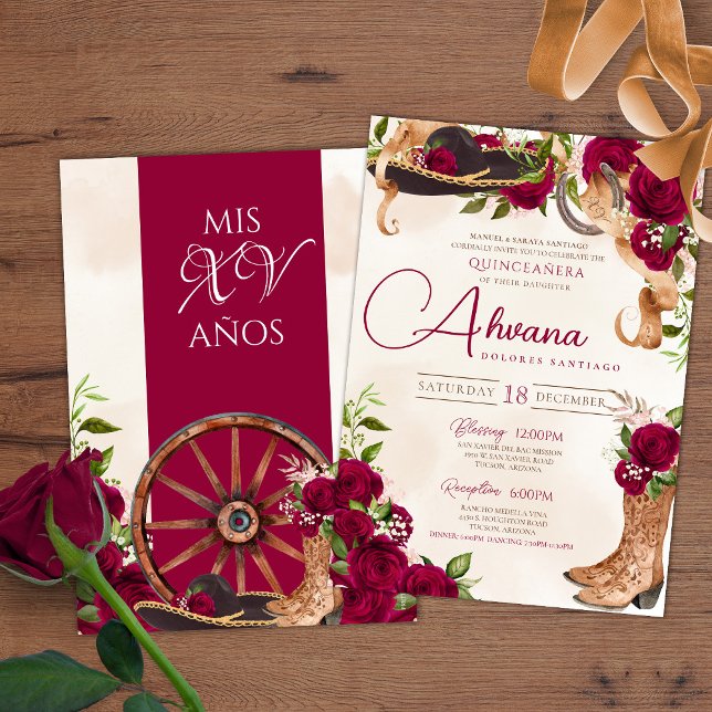 Invitation Charro rouge Bourgogne Quinceanera occidentale (Créateur téléchargé)