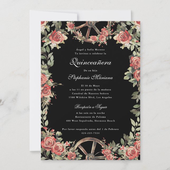 Invitation Charro rouge et noir Romantique Quinceañera (Devant)