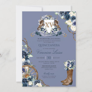 Invitation Charro Royal Navy Blue Floral Crest Quinceanera
