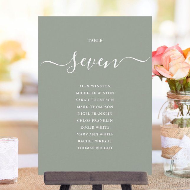 Invitation Chartre de table de style vert sauge chic (Sage Green Chic Script Table Number Seating Chart)