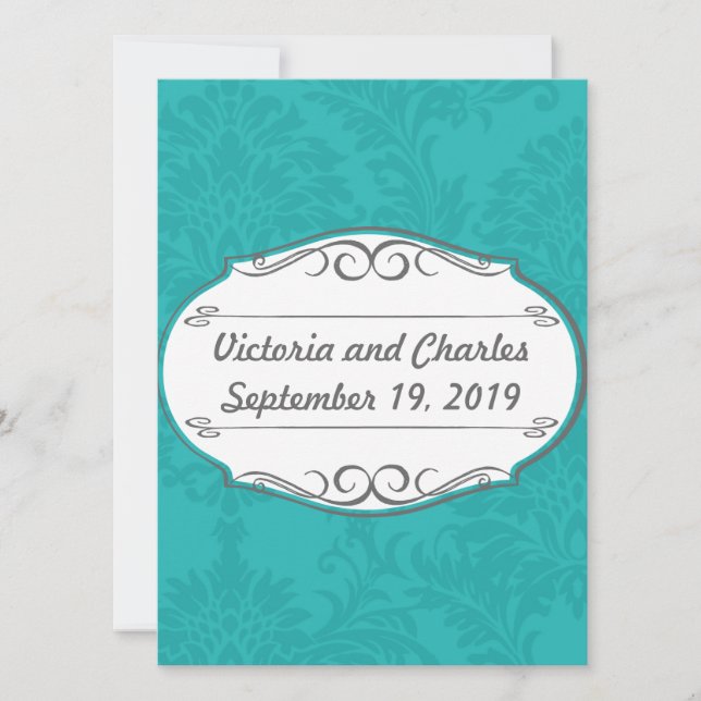 Invitation Chartreuse moderne Turquoise Mariage damassé (Devant)