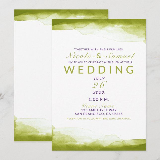 Invitation Chartreuse Vert Aquarelle Chic Mariage moderne (Devant / Derrière)