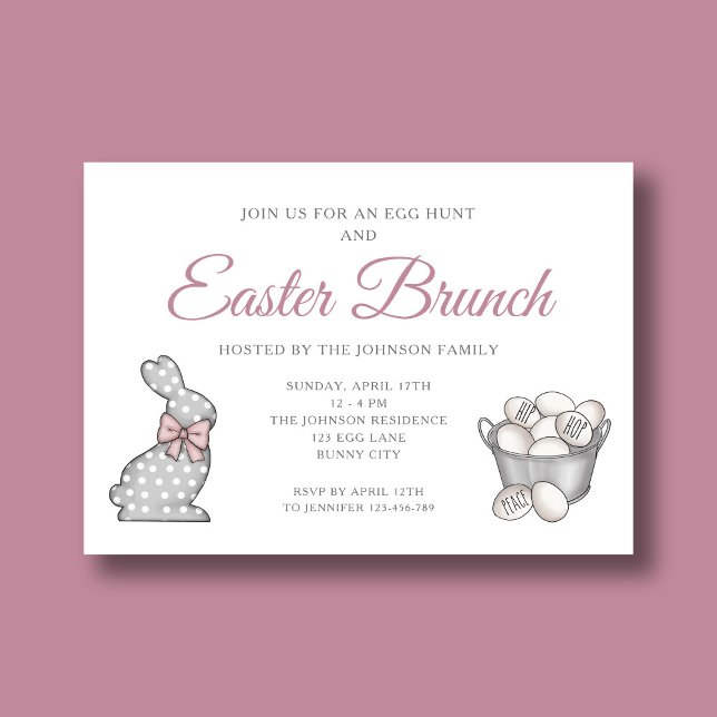Invitation Chasse aux oeufs de Brunch de Pâques rose mignonne (Cute Bunny Pink Easter Brunch Egg Hunt Invitation)
