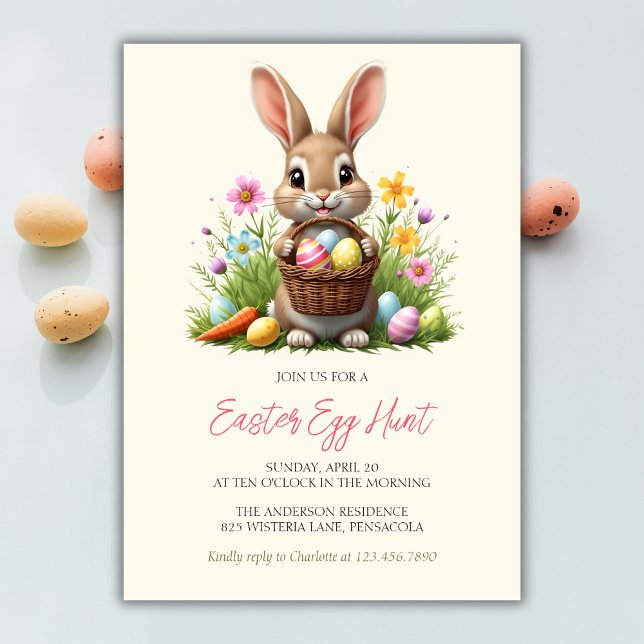 Invitation Chasse aux oeufs de lapin de lapin de lapin de Pâq (Whimsical Cute Bunny Rabbit Floral Easter Egg Hunt Invitation)