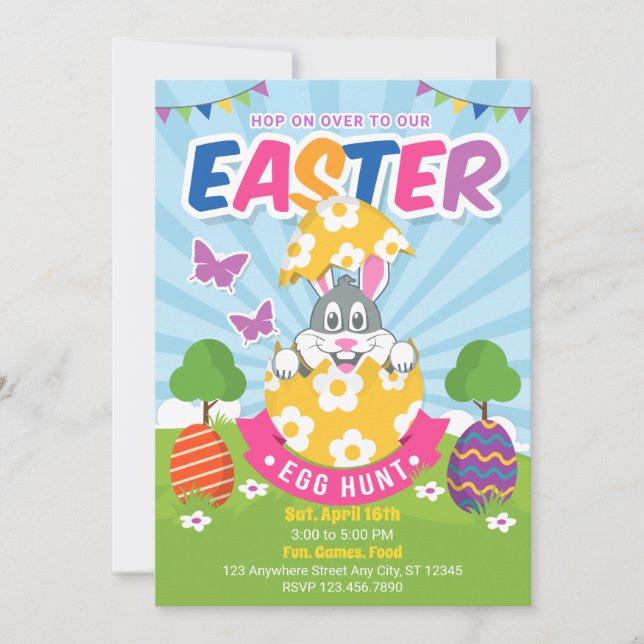 Invitation Chasse aux oeufs de lapin de Pâques coloré Invitat (Devant)