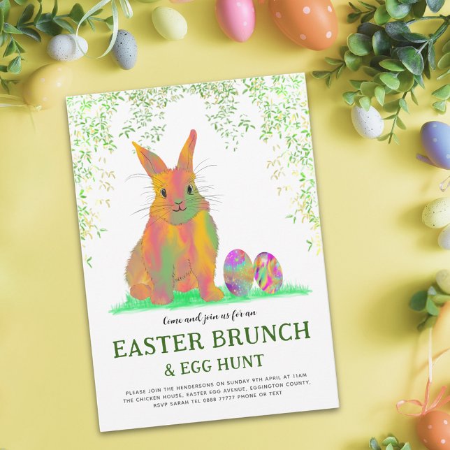 Invitation Chasse aux oeufs de lapin de Pâques et Brunch (Modern Easter egg hunt spring brunch colorful watercolor cute bunny & eggs garden party invitation)