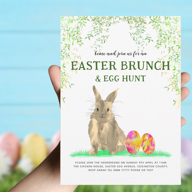 Invitation Chasse aux oeufs de lapin de Pâques et Brunch (Watercolor easter bunny egg hunt and brunch invitation)