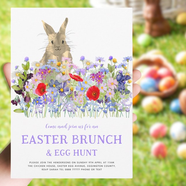 Invitation Chasse aux oeufs de lapin de Pâques et Brunch Flor (Easter brunch egg hunt cute bunny floral watercolor invitation purple blue pink red green)