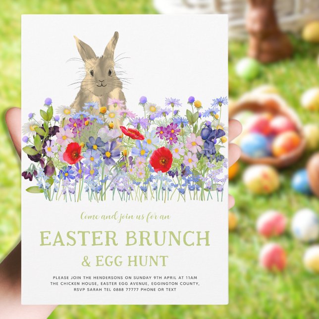 Invitation Chasse aux oeufs de lapin de Pâques et Brunch Flor (Easter brunch and egg hunt cute bunny floral watercolor spring party invitation )