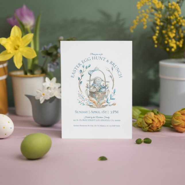 Invitation chasse aux œufs de panier de lapin de P (Créateur téléchargé)