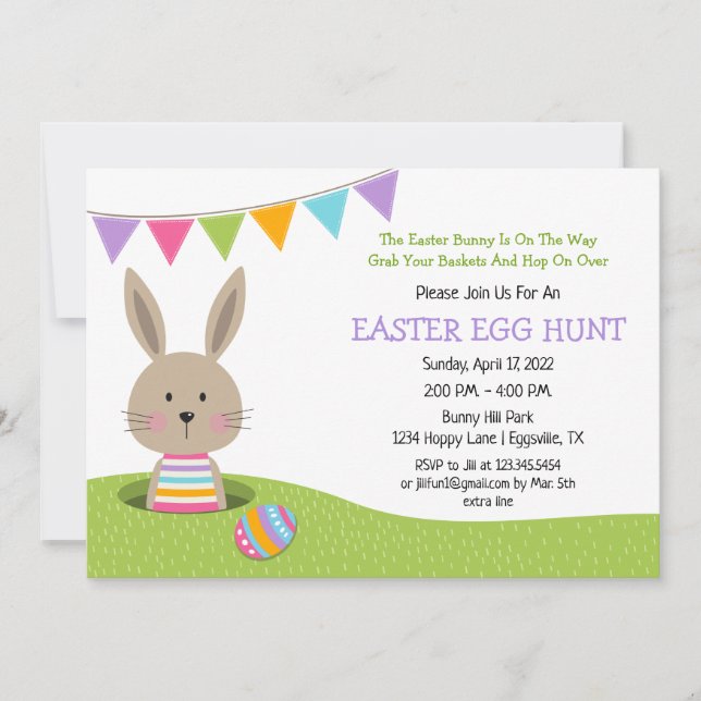 Invitation Chasse aux oeufs de Pâques avec lapin avec panier  (Devant)