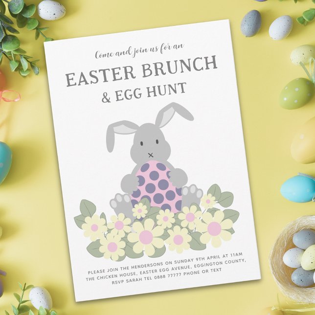 Invitation Chasse aux œufs de Pâques Brunch printanier Lapin  (Easter egg hunt spring brunch cute bunny daisy floral pink invitation)
