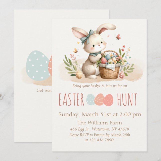 Invitation Chasse aux oeufs de Pâques Cute Bunny (Devant / Derrière)