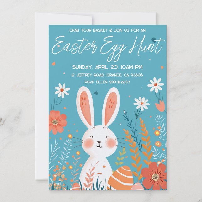 Invitation Chasse aux oeufs de Pâques élégant lapin mignon (Devant)