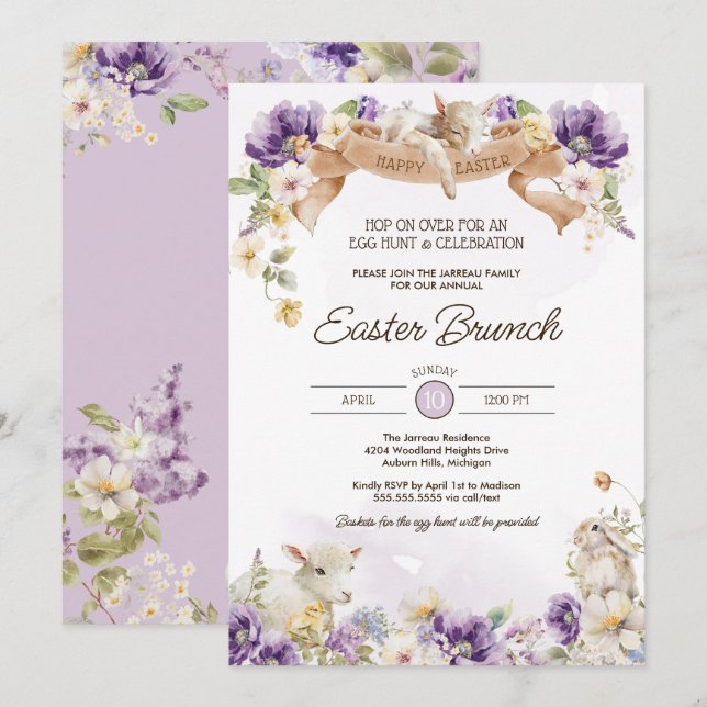 Invitation Chasse aux oeufs de Pâques et Brunch Pastel Floral (Devant / Derrière)