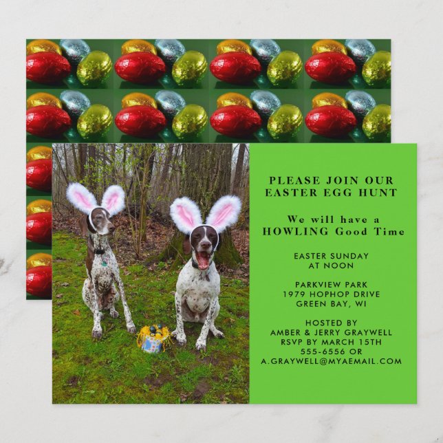 Invitation Chasse aux oeufs de Pâques et Chiens de fête Invit (Devant / Derrière)