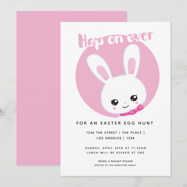 Invitation Chasse Aux Oeufs De Pâques Jolie Lapin Blanc Rose (Devant / Derrière)