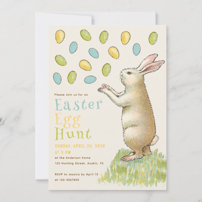 Invitation Chasse aux oeufs de Pâques lapin mignon lapin lapi (Devant)