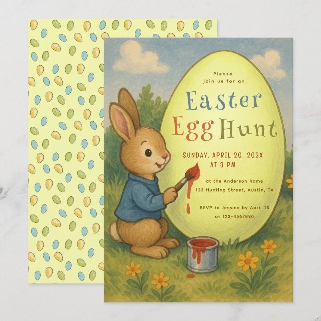 Invitation Chasse aux oeufs de Pâques lapin mignon lapin pein (Devant / Derrière)