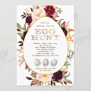 Invitation Chasse aux oeufs d'or aux fleurs blanches roses de