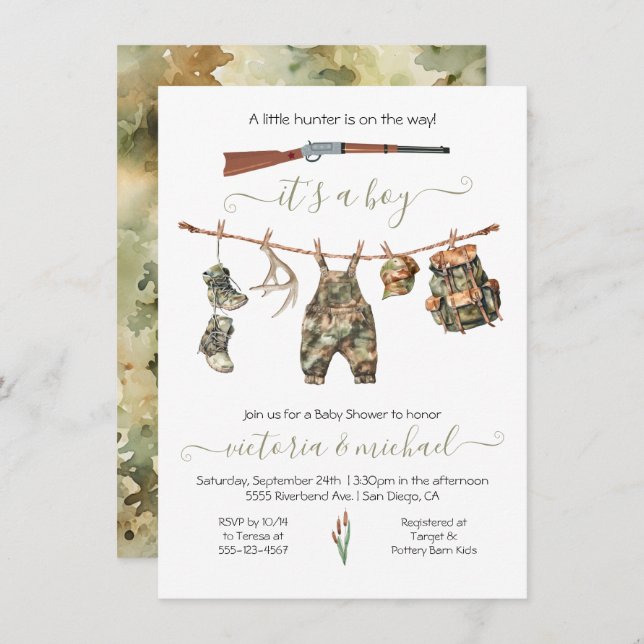 Invitation Chasse Baby shower Camo Boy (Devant / Derrière)