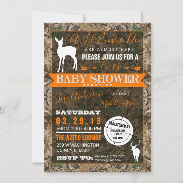Invitation Chasse Camo Co-Ed Baby shower Buck and Doe (Devant)