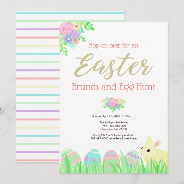 Invitation Chasse florale à oeufs de brunch de lapin mignon (Devant / Derrière)
