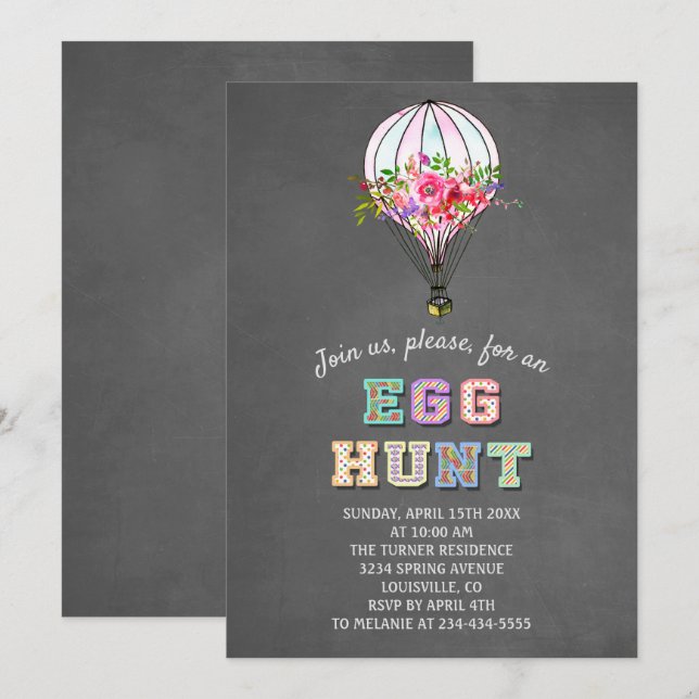 Invitation CHASSE OEUF de Pâques Floral Hot Air Balloon (Devant / Derrière)