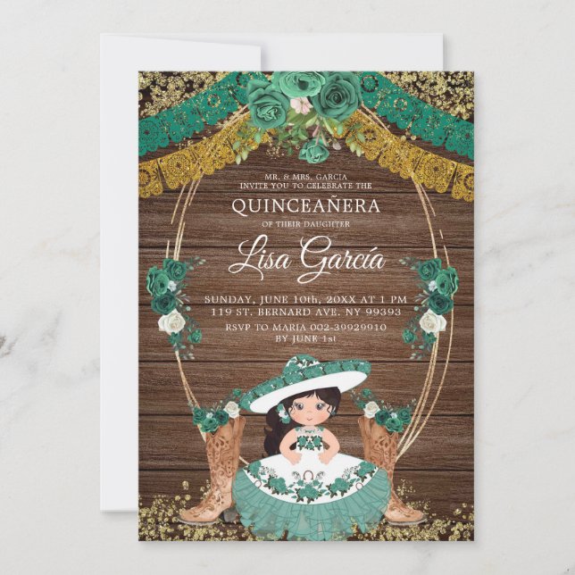 Invitation Chasseur Vert Botté Mexicaine Charra Mis Quince (Devant)