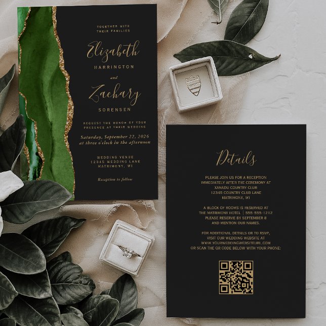 Invitation Chasseur Vert Or Agate Foncé Code QR Mariage (Créateur téléchargé)