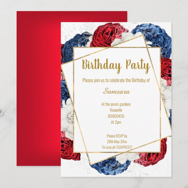 INVITATION CHÂSSIS BLANC BLEU FLORAL CLAIR ANNIVERSAIRE (Devant / Derrière)