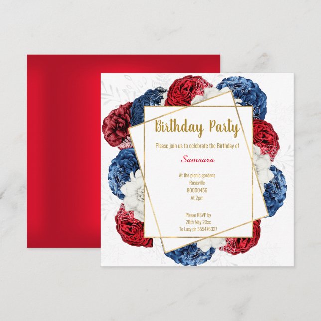 INVITATION CHÂSSIS BLANC BLEU FLORAL CLAIR CARRÉ ANNIVERSAIRE (Devant / Derrière)