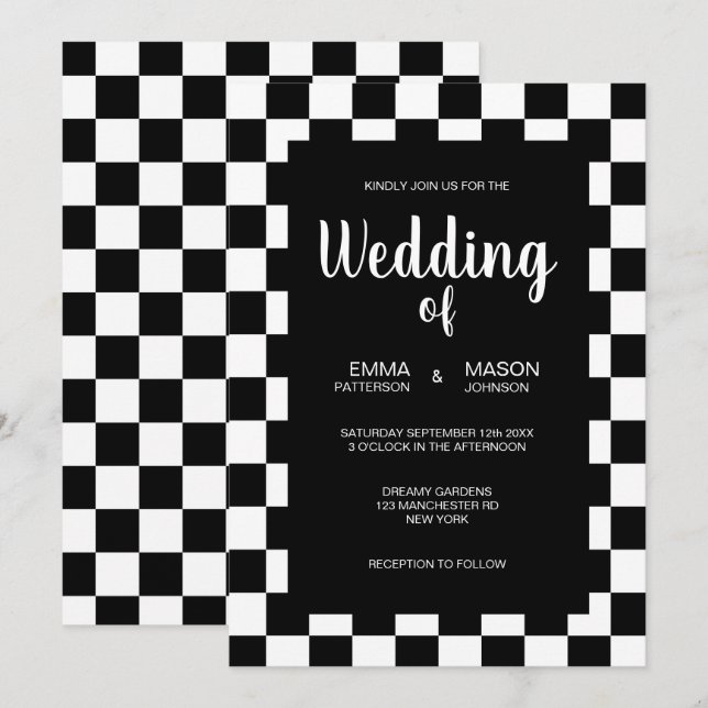 Invitation Châssis classique en carreaux noirs et blancs (Devant / Derrière)