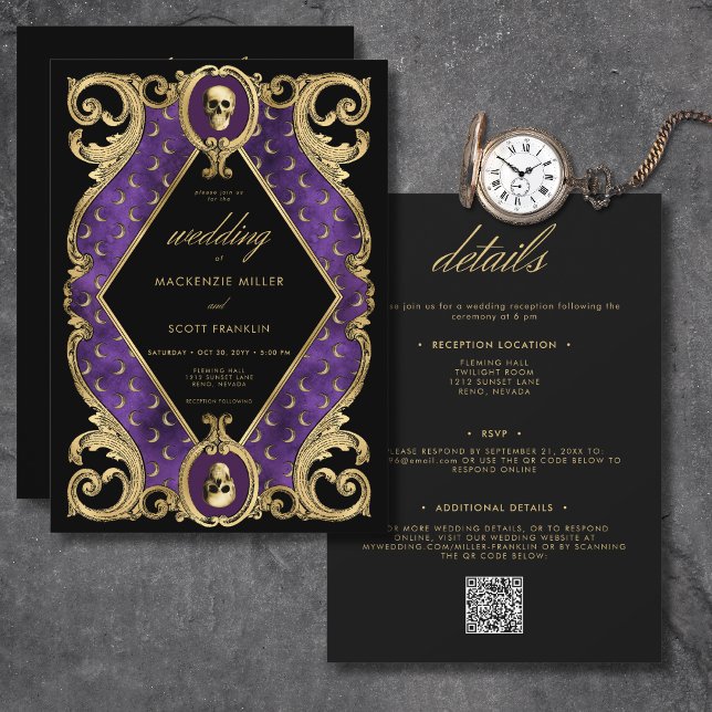 Invitation Châssis gothique violet et doré à deux côtés (Gothic Purple & Gold Skull Frame All In One Invitation)