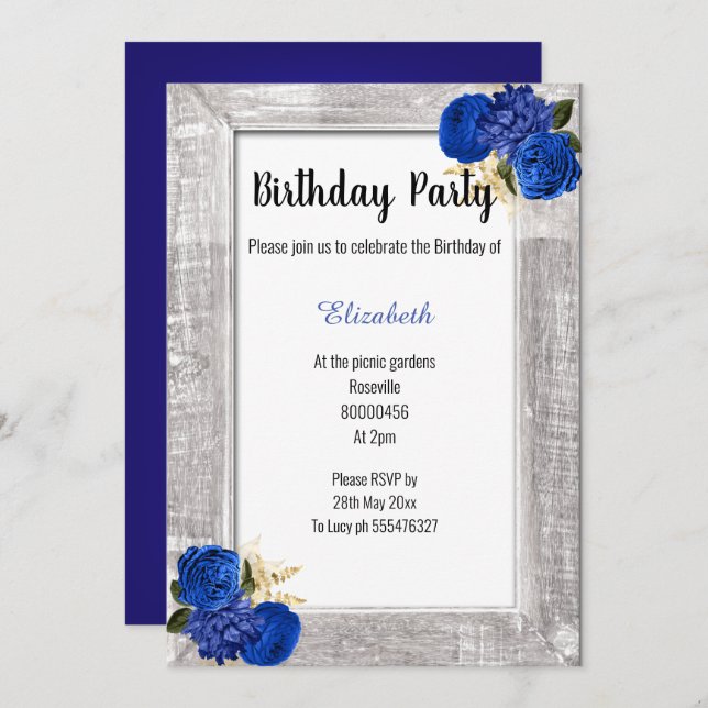 INVITATION CHÂSSIS RUSTIQUE ANNIVERSAIRE FLORAL BLEU ROYAL (Devant / Derrière)
