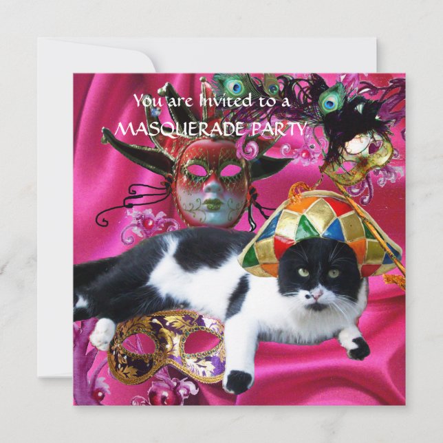 INVITATION CHAT AVEC CASQUETTE HARLEQUIN ET MASQUERADE DE FÊT (Devant)