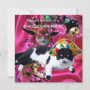 INVITATION CHAT AVEC CASQUETTE HARLEQUIN ET MASQUERADE DE FÊT
