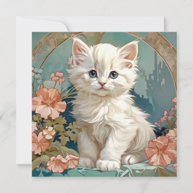 Invitation Chat blanc de style Alphonse Mucha (Devant)