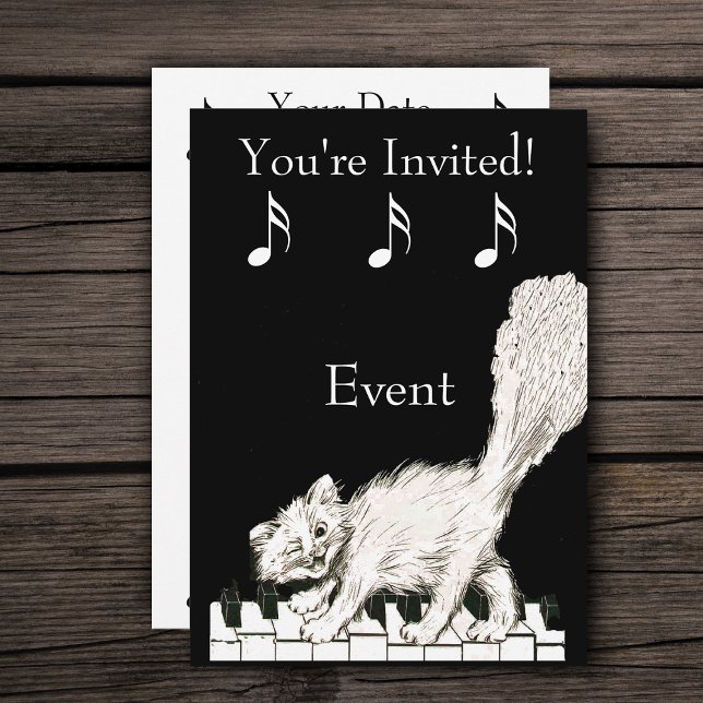 Invitation Chat blanc sur clés de piano (White winking cat walking on piano keys music notes on black party invitations.)