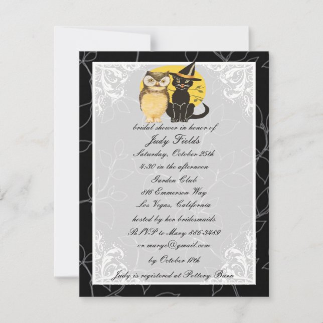 Invitation Chat & Chouette Halloween Nuptiale Douche Invitati (Devant)