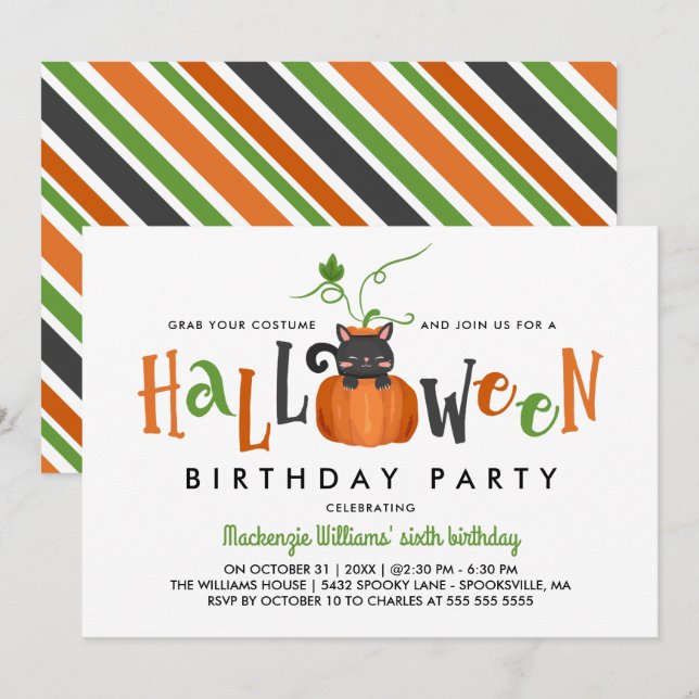 Invitation Chat citrouille - Fête d'anniversaire d'Halloween (Devant / Derrière)