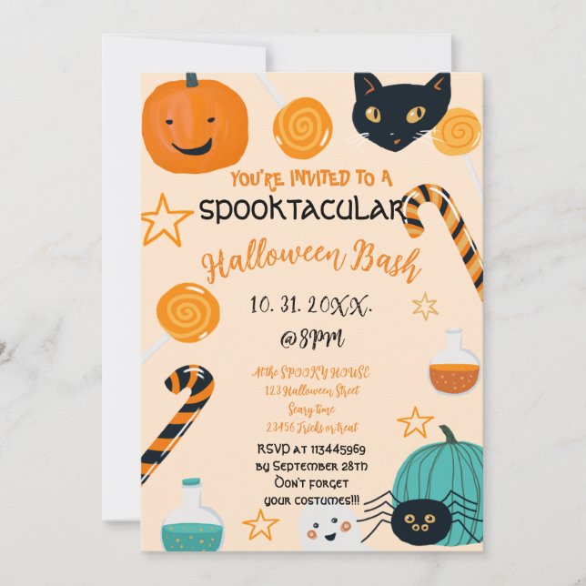 Invitation Chat Citrouille mignon Bonbon Halloween Bash Perso (Devant)