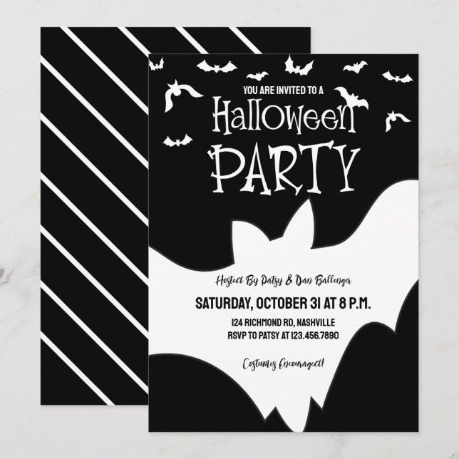Invitation Chat de fête d'Halloween Noir et blanc Costume Éff (Devant / Derrière)