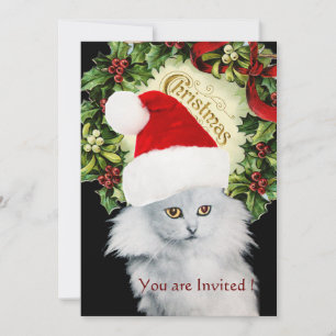 INVITATION CHAT DE NOËL BLANC AVEC CASQUETTE SANTA CLAUS