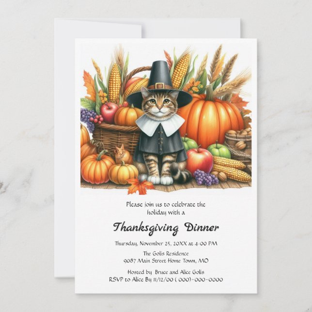 Invitation Chat de pèlerin de Thanksgiving et Citrouilles (Devant)