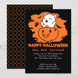 Invitation Chat d'Halloween en Citrouille, Chats Fantômes Noi